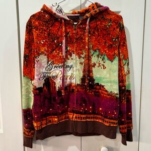 FRENCH POSTCARDS Women’s Handcrafted Paris Scene Velvet Zip Up Sweatshirt size S